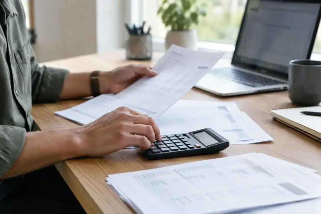 Des factures et une calculatrice sur le bureau d’une petite entreprise.