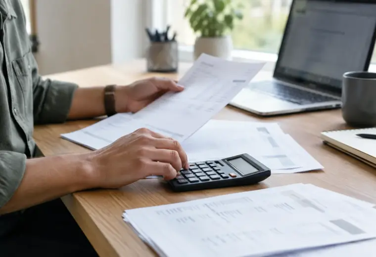 Des factures et une calculatrice sur le bureau d’une petite entreprise.