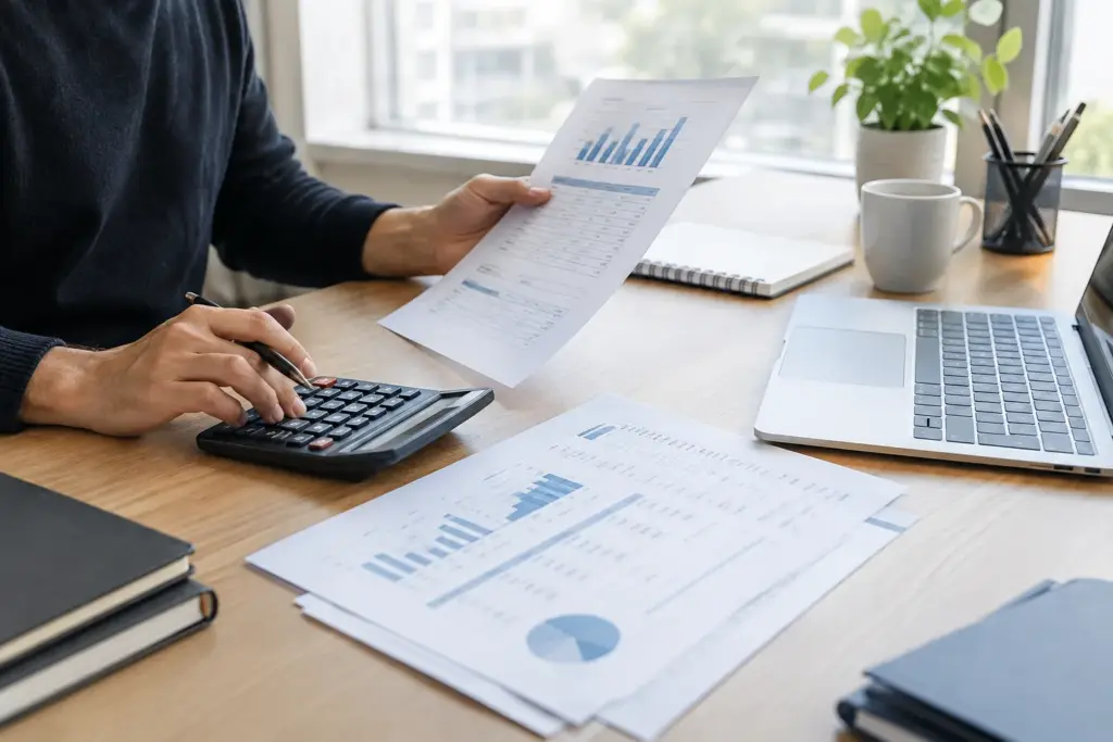 Des factures et un ordinateur sur le bureau d’une petite entreprise en cours de suivi administratif.