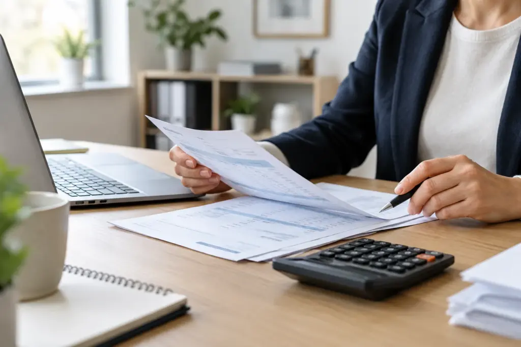 Des factures et une calculatrice posées sur le bureau d’une petite entreprise.