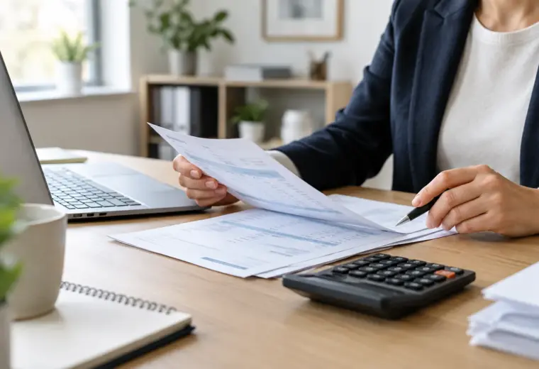 Des factures et une calculatrice posées sur le bureau d’une petite entreprise.