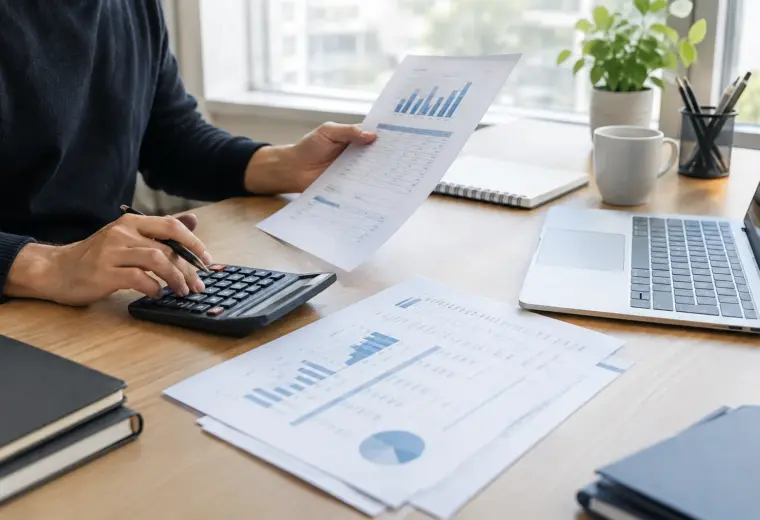 Des factures et un ordinateur sur le bureau d’une petite entreprise en cours de suivi administratif.