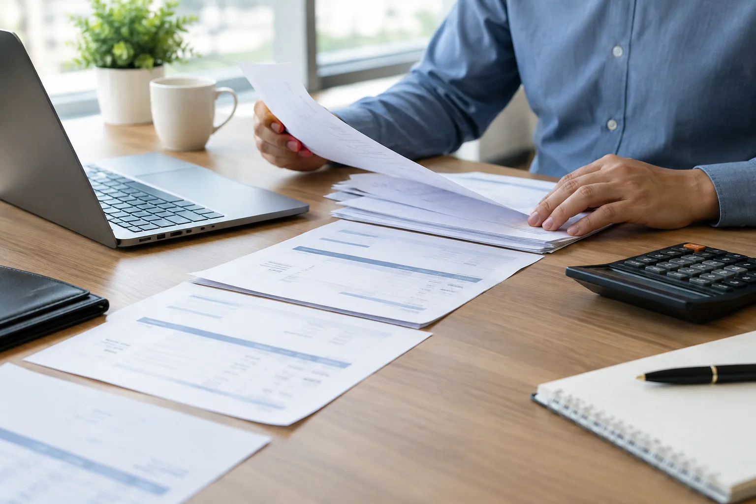 Des mains vérifient des factures à côté d’un ordinateur et d’une calculatrice.