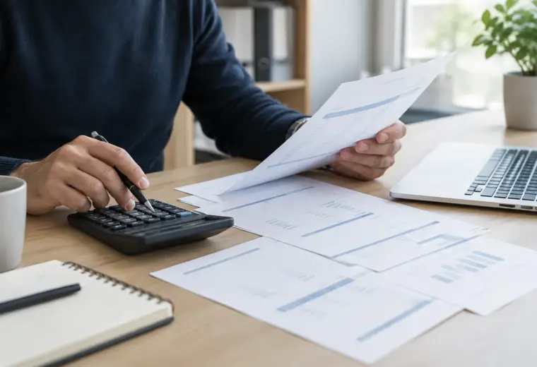 Des factures et une calculatrice sur le bureau d’une petite entreprise.