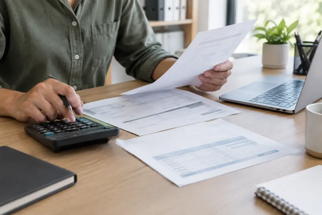 Des documents de comptabilité et une calculatrice sur le bureau d’une petite entreprise.
