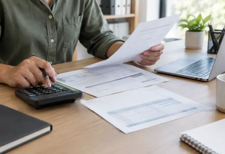 Des documents de comptabilité et une calculatrice sur le bureau d’une petite entreprise.