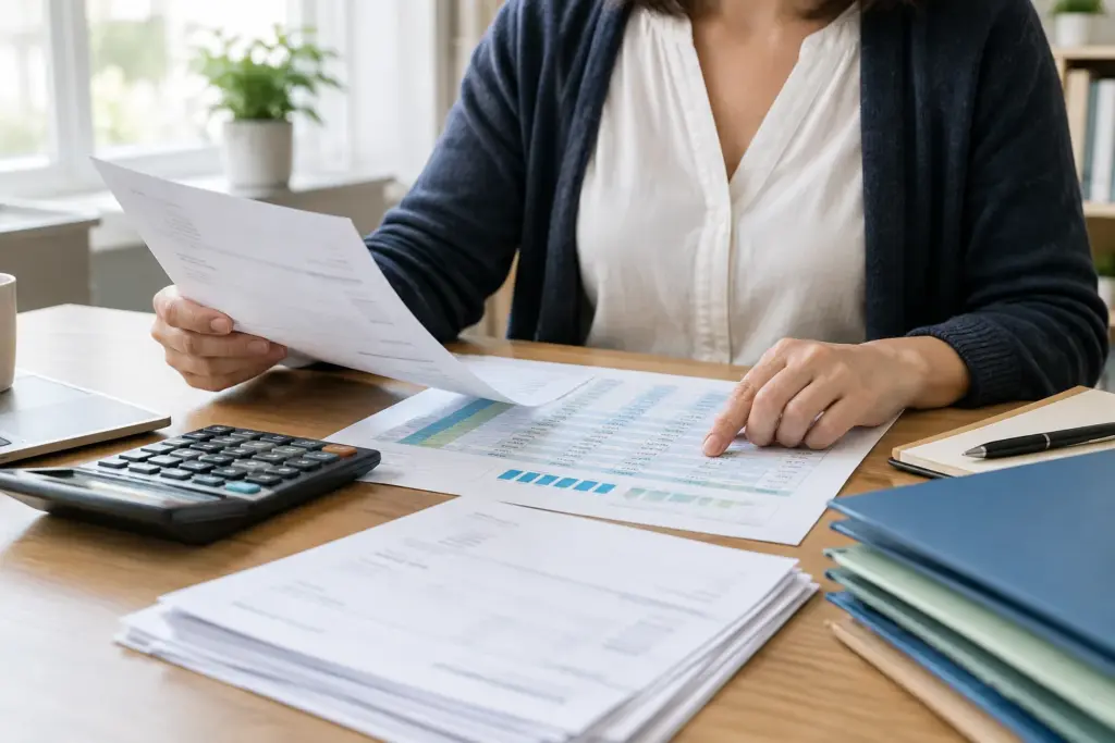 Des factures, une calculatrice et un tableau de suivi financier sur le bureau d’une petite entreprise.