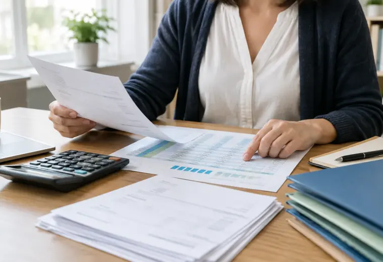 Des factures, une calculatrice et un tableau de suivi financier sur le bureau d’une petite entreprise.