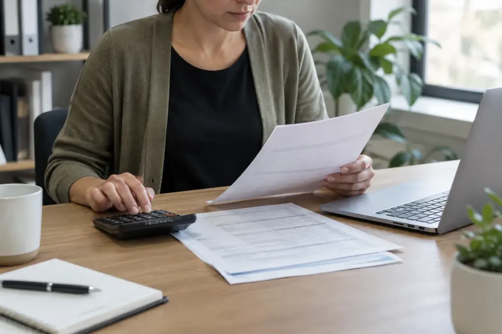 Documents fiscaux et calculatrice sur le bureau d’une petite entreprise.