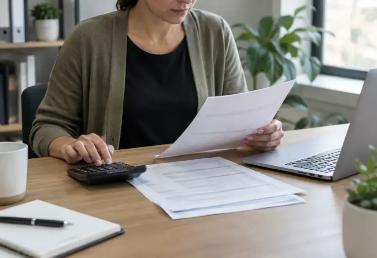 Documents fiscaux et calculatrice sur le bureau d’une petite entreprise.