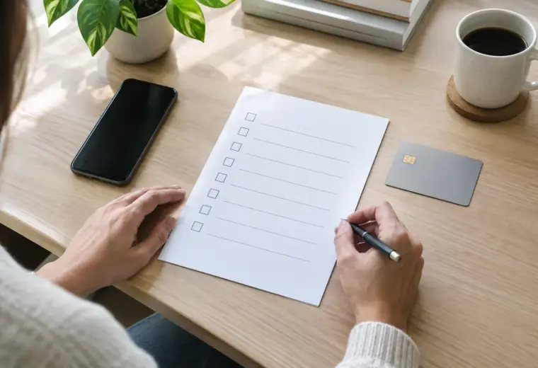 Une personne prépare le transfert de ses opérations bancaires sur un bureau éclairé par la lumière du jour.
