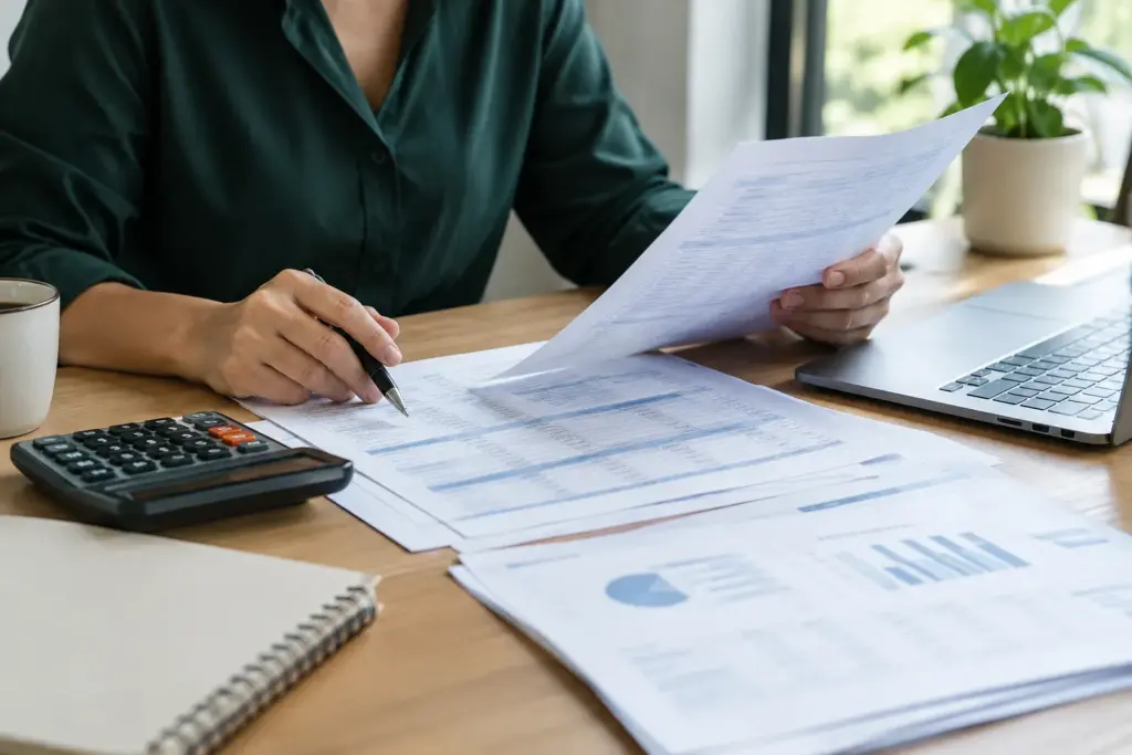 Documents comptables et facture examinés sur le bureau d’une petite entreprise.