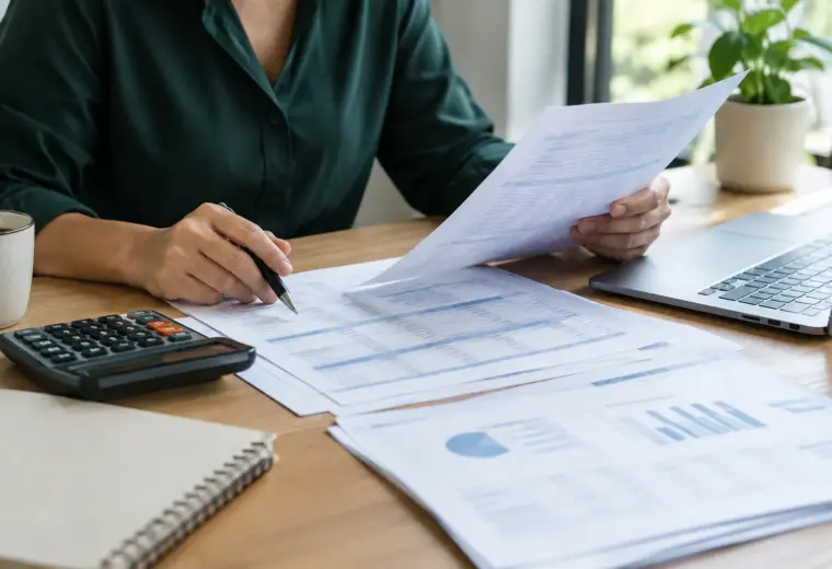 Documents comptables et facture examinés sur le bureau d’une petite entreprise.