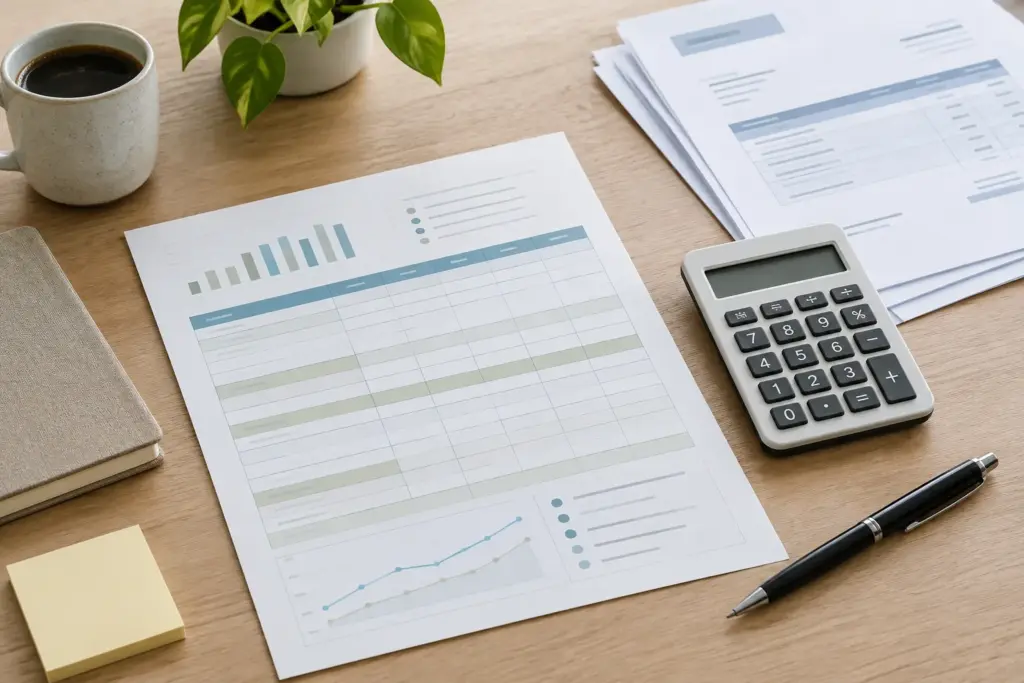 Un plan de trésorerie, une calculatrice et des factures fournisseurs sur un bureau.