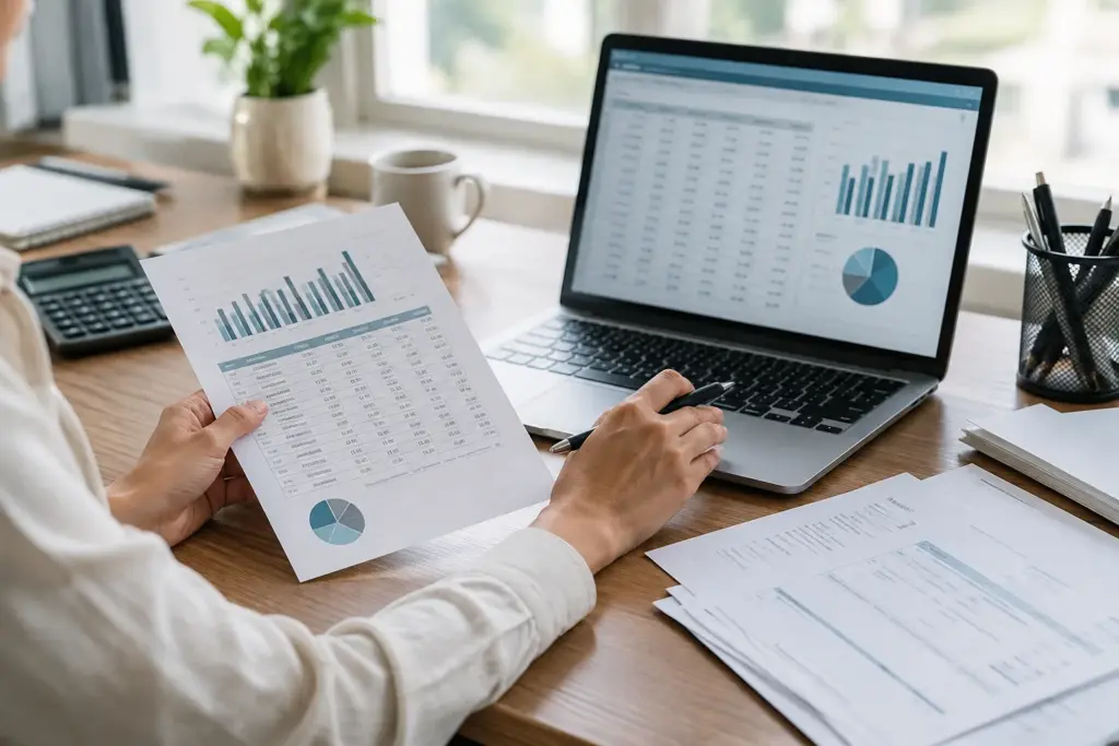 Des factures et un tableau de suivi de trésorerie consultés sur un bureau de petite entreprise.