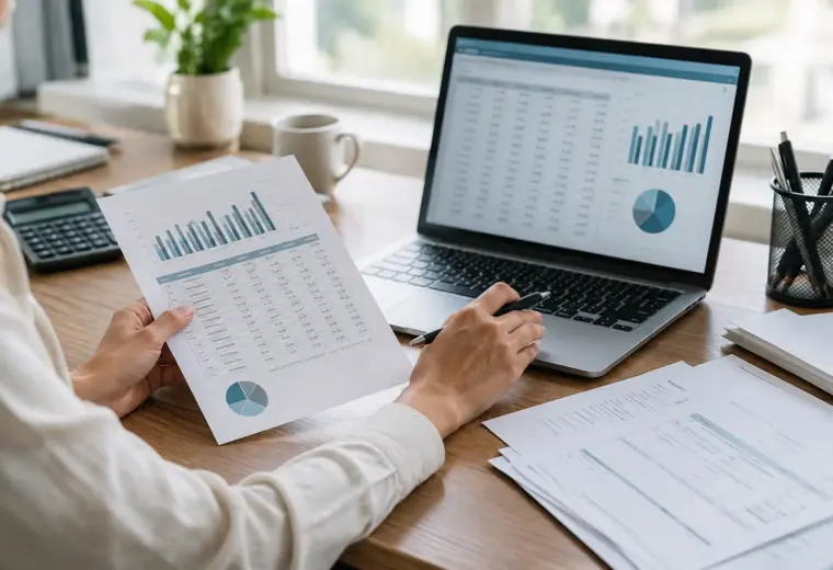 Des factures et un tableau de suivi de trésorerie consultés sur un bureau de petite entreprise.
