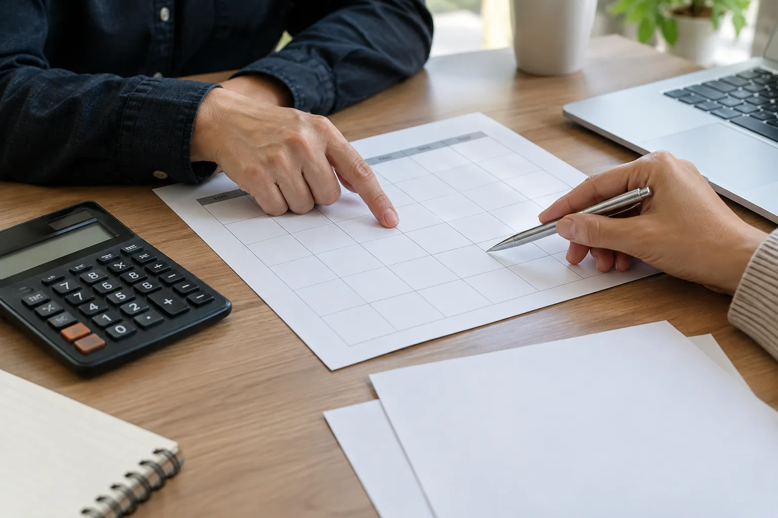 Une main examine un calendrier et des feuilles de prévision de trésorerie.