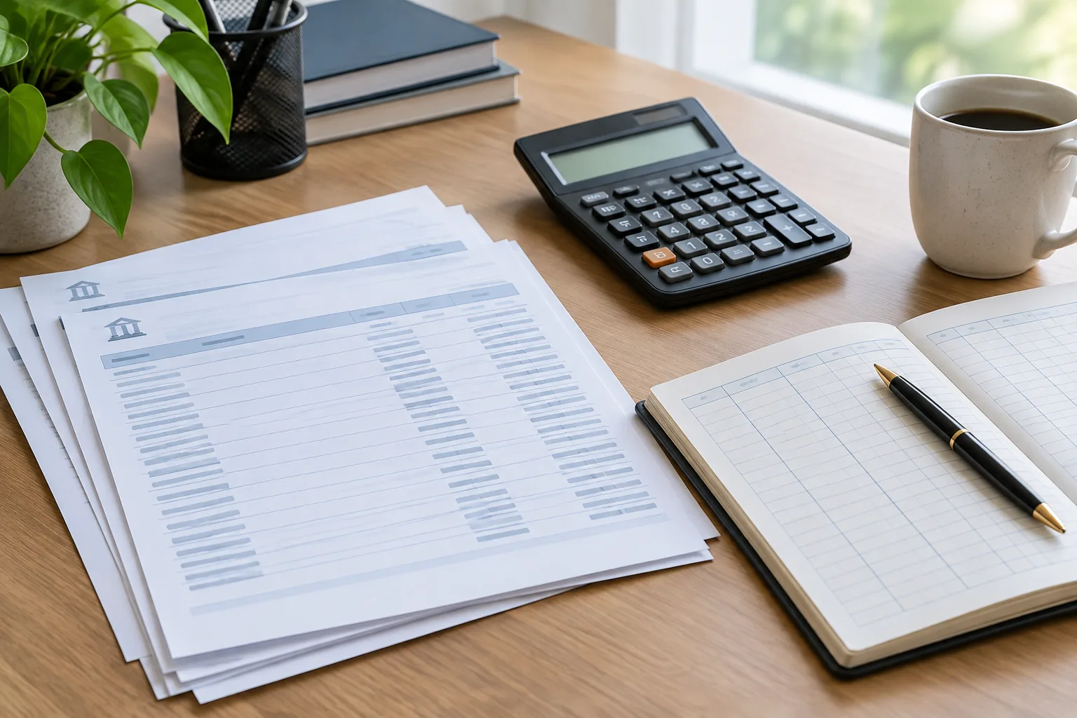 Un carnet comptable, une calculatrice et des relevés bancaires réunis pour le suivi de fin d’exercice.