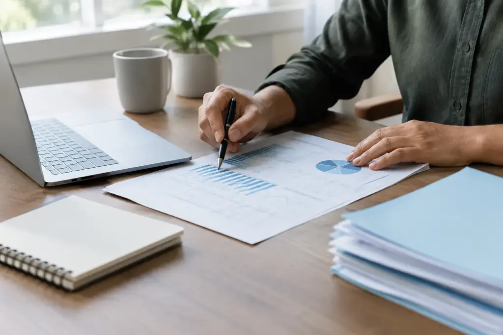 Documents bancaires et ordinateur posés sur le bureau d’une petite entreprise.