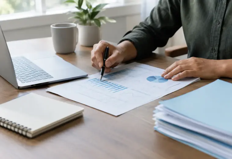 Documents bancaires et ordinateur posés sur le bureau d’une petite entreprise.