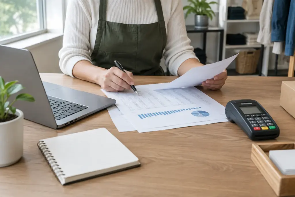 Un professionnel consulte des documents financiers près d’un ordinateur et d’un terminal de paiement.