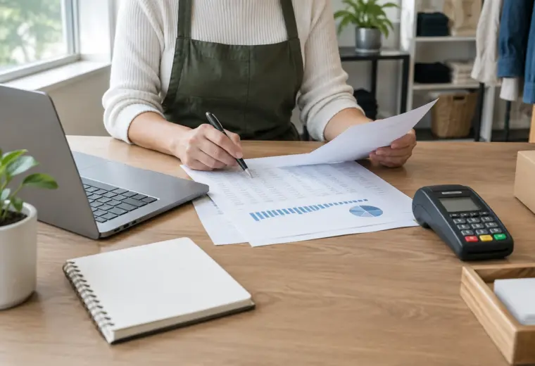 Un professionnel consulte des documents financiers près d’un ordinateur et d’un terminal de paiement.