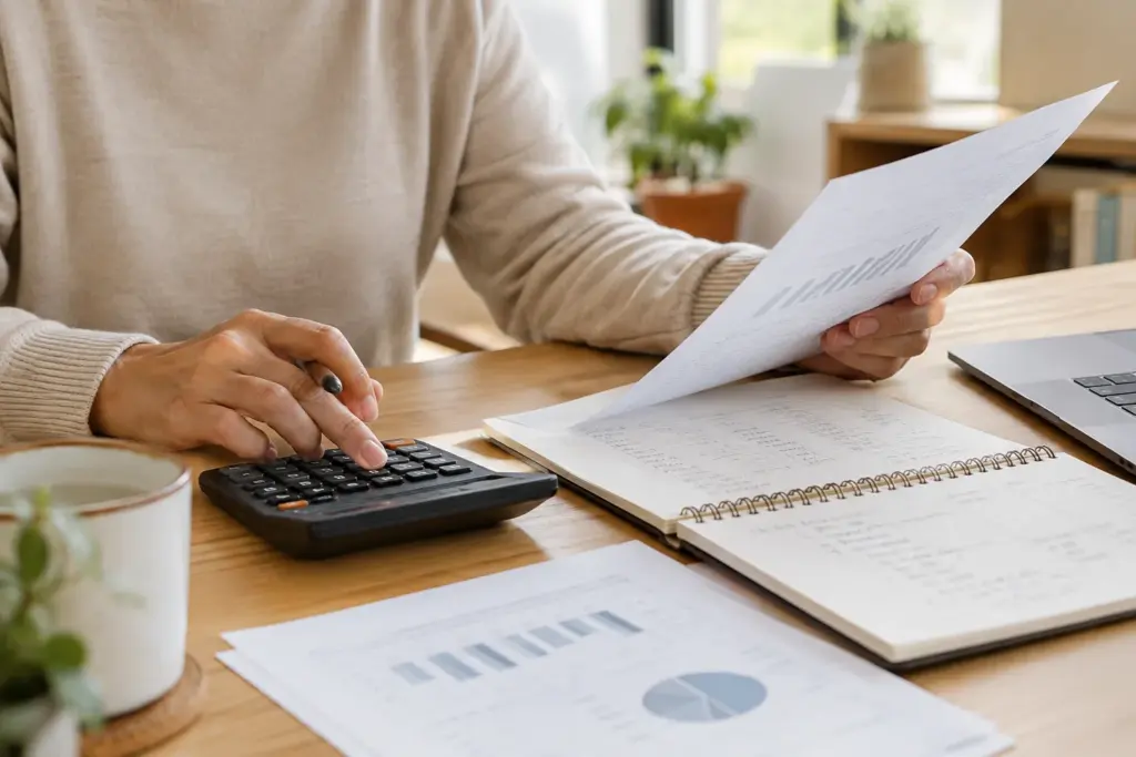Des documents comptables et une calculatrice sur le bureau d’une petite entreprise.