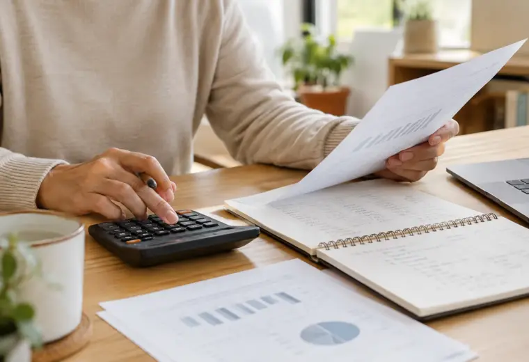 Des documents comptables et une calculatrice sur le bureau d’une petite entreprise.