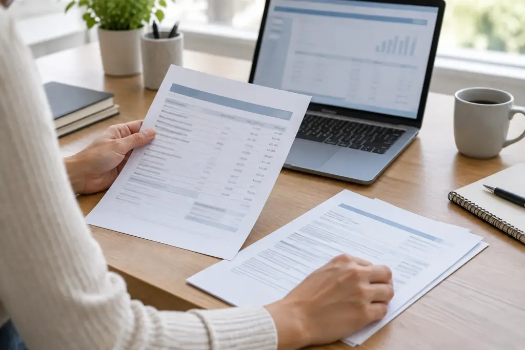 Une personne examine des documents bancaires et un ordinateur sur un bureau professionnel.