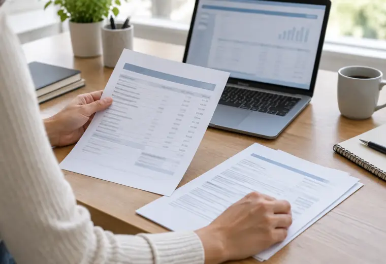 Une personne examine des documents bancaires et un ordinateur sur un bureau professionnel.