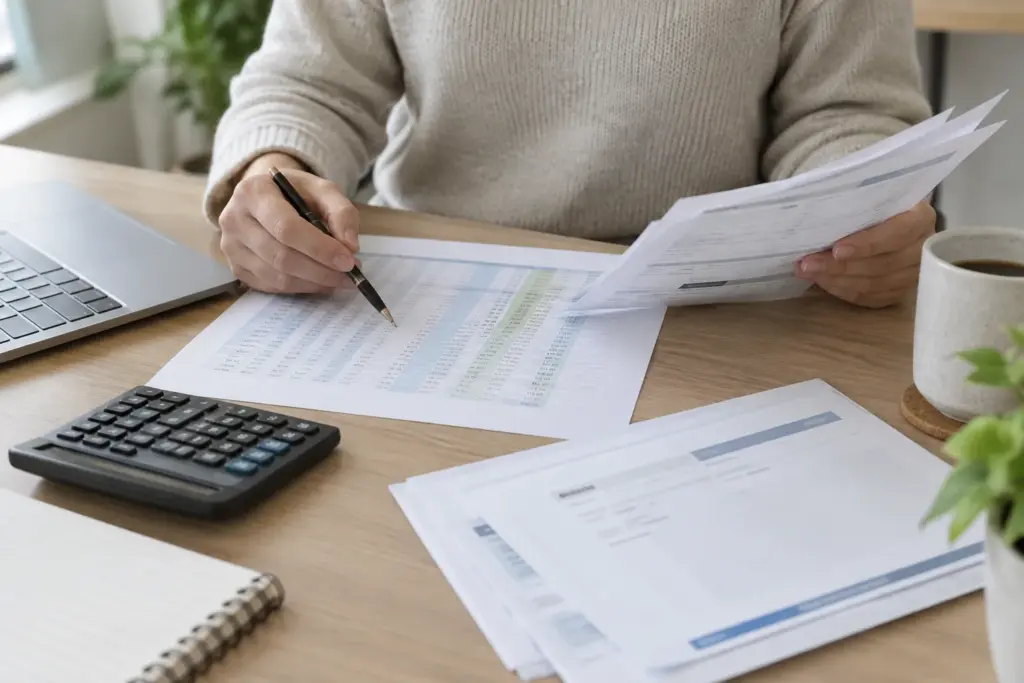 Un indépendant consulte des documents comptables et un tableau de trésorerie sur son bureau.