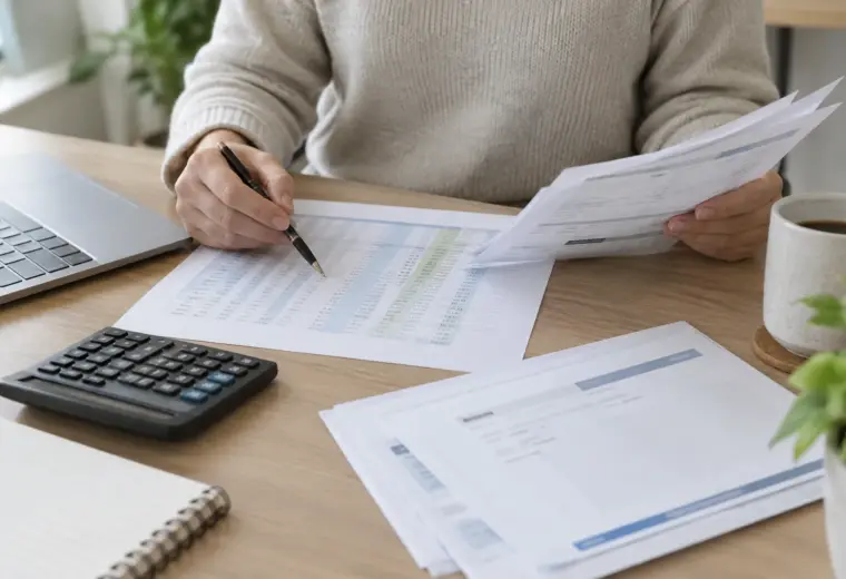 Un indépendant consulte des documents comptables et un tableau de trésorerie sur son bureau.