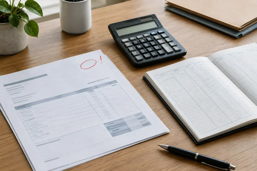 Une facture et un registre comptable posés sur un bureau, avec une calculatrice et un stylo.