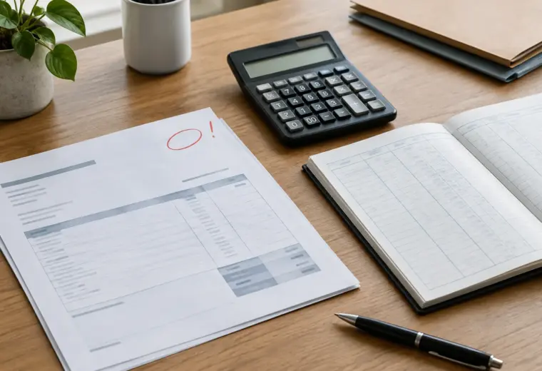 Une facture et un registre comptable posés sur un bureau, avec une calculatrice et un stylo.