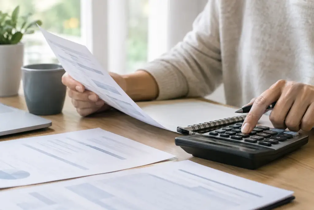Une personne examine des documents de crédit à côté d’une calculatrice.