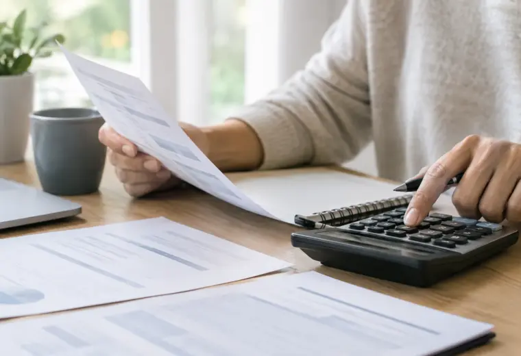 Une personne examine des documents de crédit à côté d’une calculatrice.