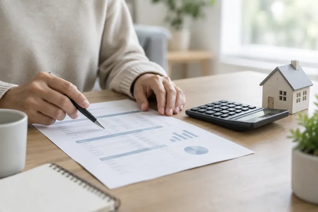 Une personne examine un budget de crédit immobilier avec une calculatrice et une maquette de maison.