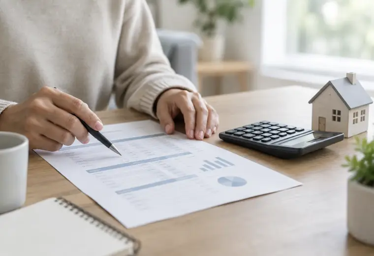 Une personne examine un budget de crédit immobilier avec une calculatrice et une maquette de maison.
