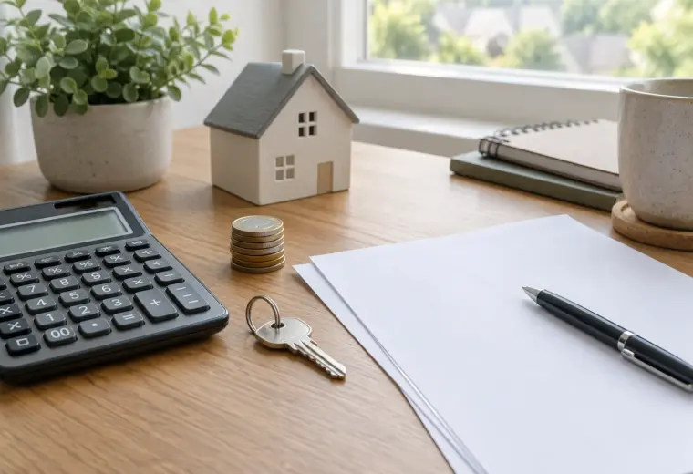Documents de financement, calculatrice, clés et pièces posés sur un bureau.