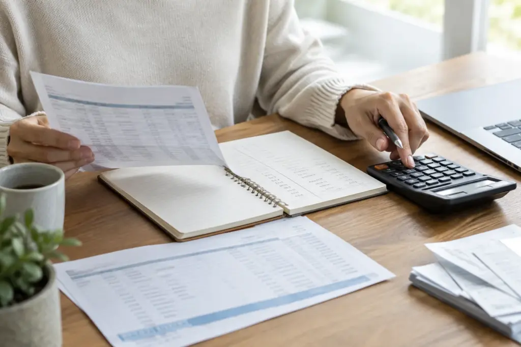 Une personne examine un relevé bancaire et un carnet de trésorerie à côté d’une calculatrice.