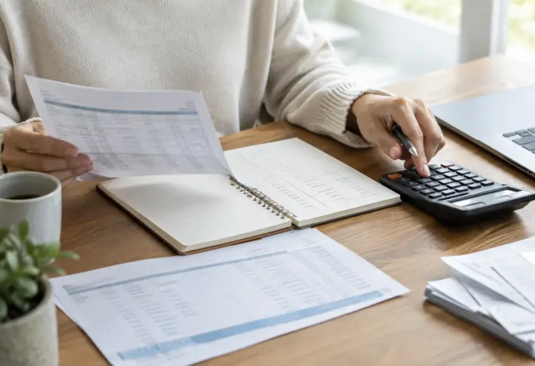 Une personne examine un relevé bancaire et un carnet de trésorerie à côté d’une calculatrice.