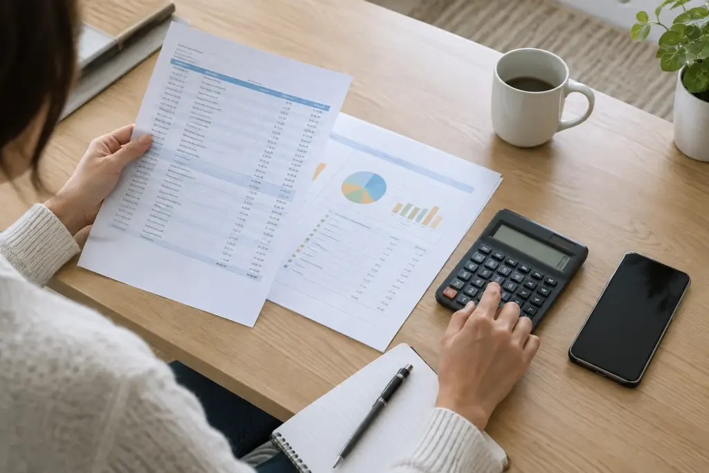 Une personne consulte un relevé bancaire et organise son budget à l’aide d’une calculatrice.