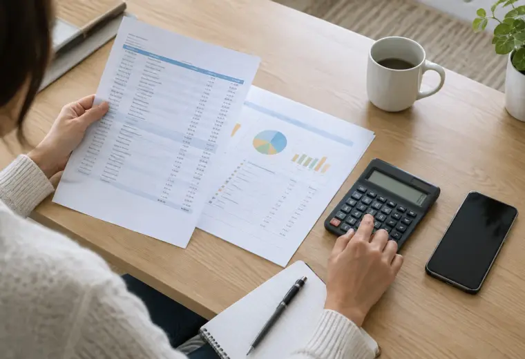 Une personne consulte un relevé bancaire et organise son budget à l’aide d’une calculatrice.