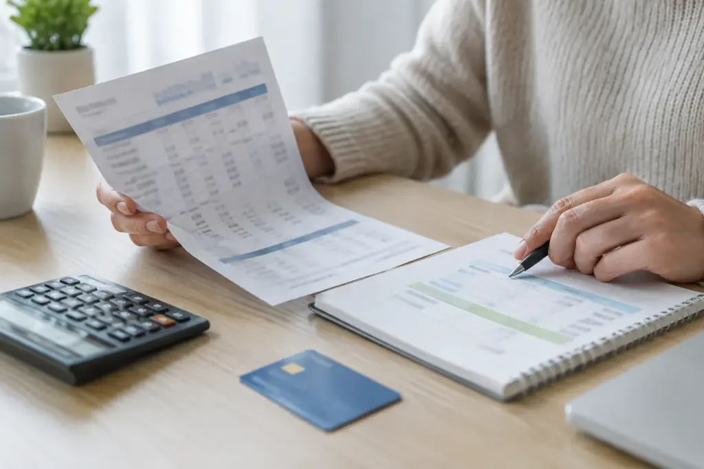 Une personne consulte un relevé bancaire et un calculateur à son bureau.