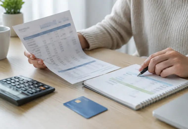 Une personne consulte un relevé bancaire et un calculateur à son bureau.
