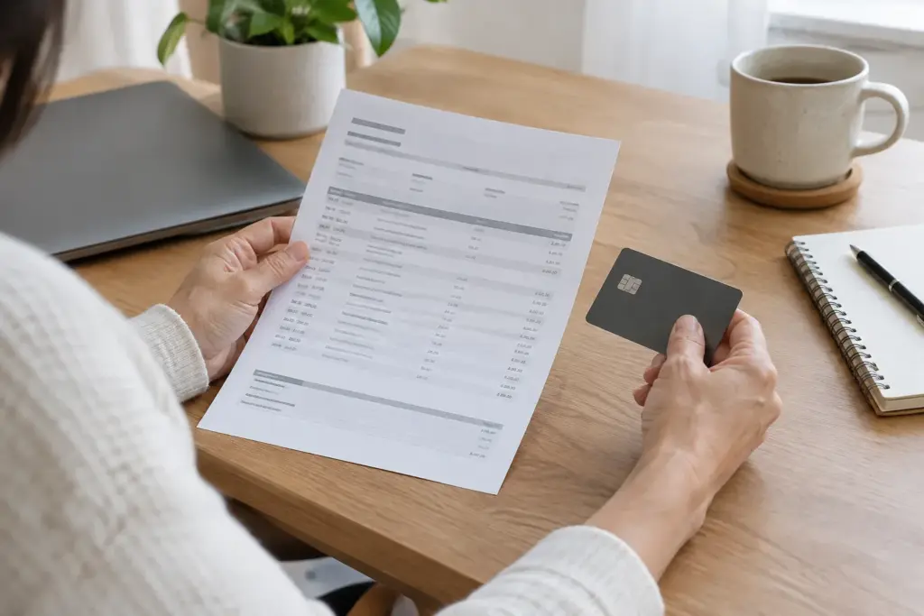 Une personne examine un relevé bancaire et une carte sur un bureau éclairé par la lumière du jour.