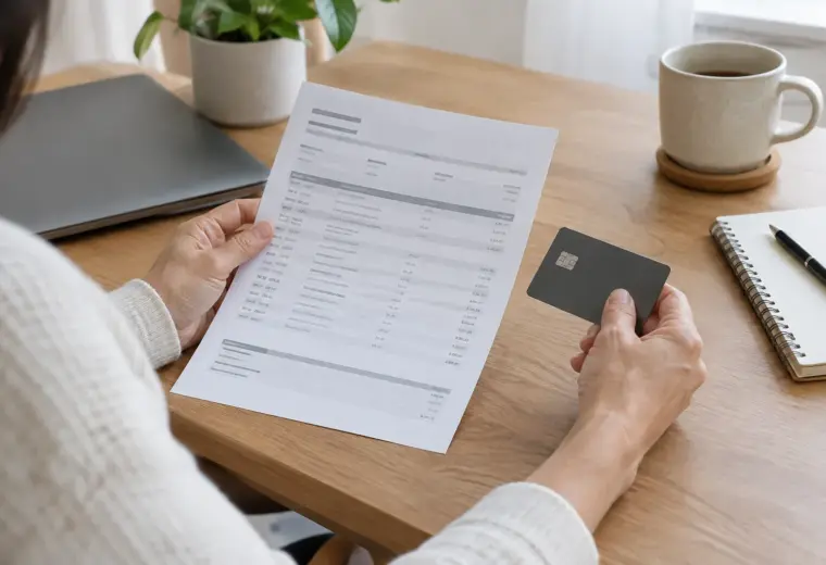 Une personne examine un relevé bancaire et une carte sur un bureau éclairé par la lumière du jour.