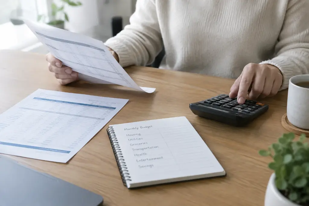 Des mains consultent un relevé bancaire et un budget à côté d’une calculatrice.