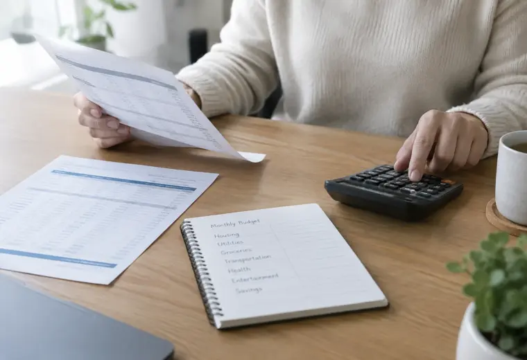 Des mains consultent un relevé bancaire et un budget à côté d’une calculatrice.