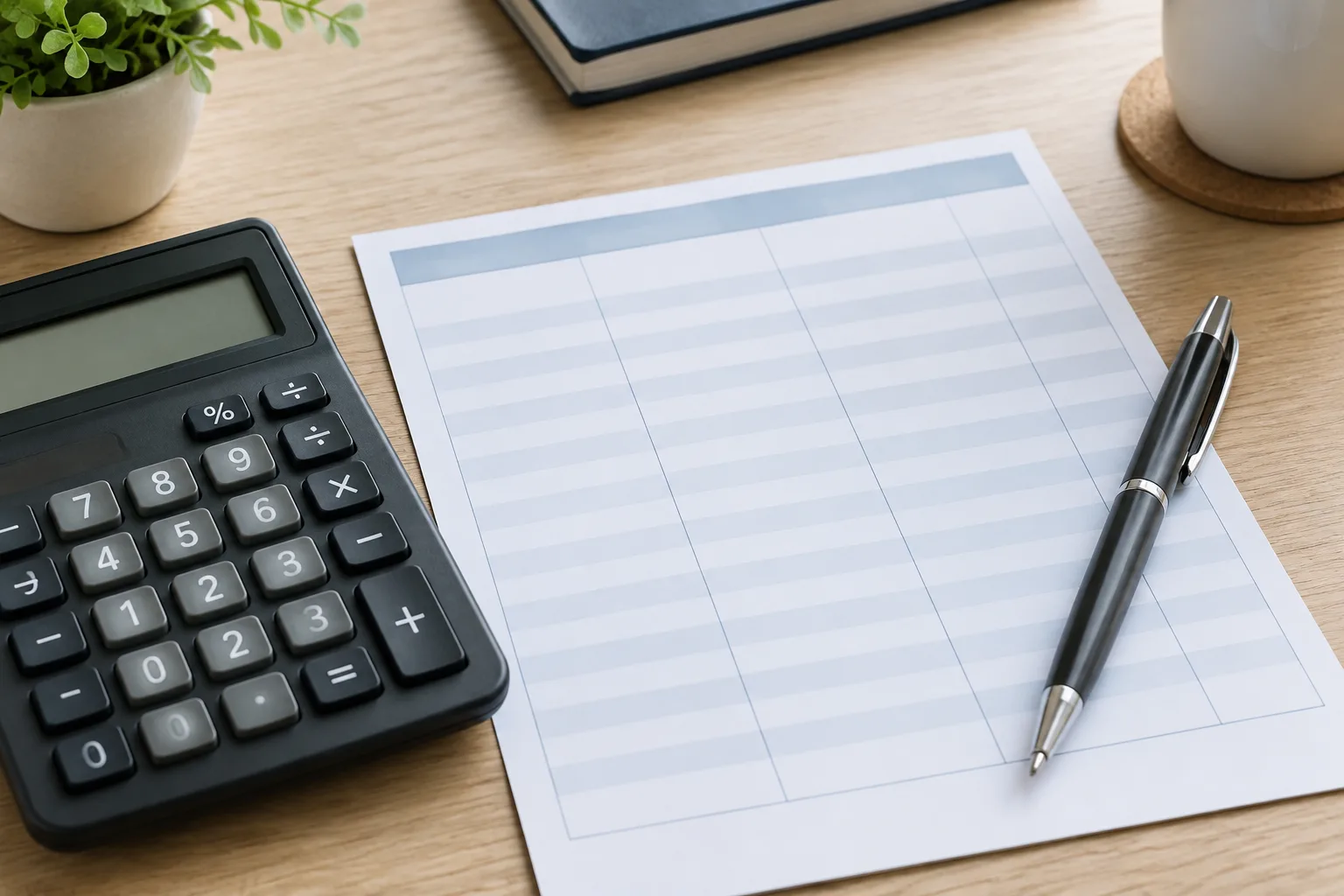 Une calculatrice et un relevé bancaire vierge posés sur un bureau.